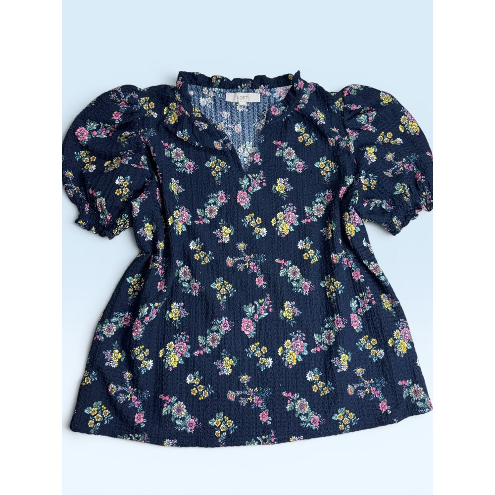 LOFT Womens Blouse Bundle Blue Floral Puff Sleeve & Striped Ruffle Button Down L - Picture 2 of 8